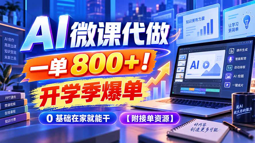AI 微课代做,一单 800+!开学季爆单,0 基础在家就能干【附接单资源】-优优云创网