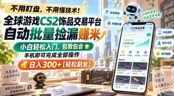 全球游戏CS2饰品交易平台自动批量捡漏賺米,小白轻松入门,包教包会,手机即可完成全部操作,日入300+【揭秘】-优优云创网