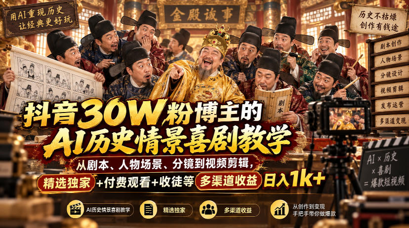 抖音30W粉博主的AI历史情景喜剧教学，从剧本、人物场景、分镜到视频剪辑，精选独家+付费观看+收徒等多渠道收益日入1k+-优优云创网