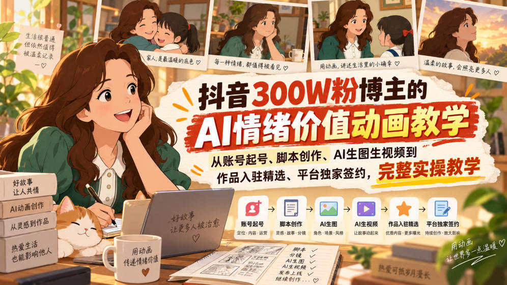 抖音300W粉博主的AI情绪价值动画教学，从账号起号、脚本创作、AI生图生视频到作品入驻精选、平台独家签约，完整实操-优优云创网