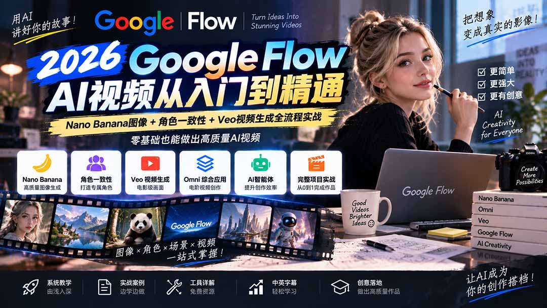 【无水印】Google Flow AI视频从入门到精通:Nano Banana图像+角色一致性+Veo视频生成全流程实战-精翻中英字幕-优优云创网