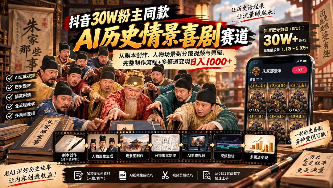 抖音30W粉博主同款AI历史情景喜剧赛道:从剧本创作、人物场景到分镜视频与剪辑,完整制作流程+多渠道变现日入1000+-优优云创网