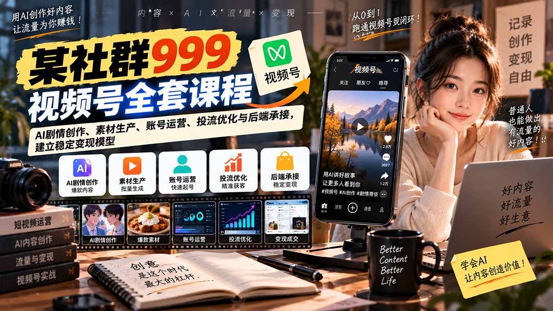 【无水印】某社群999视频号全套课程:AI剧情创作、素材生产、账号运营、投流优化与后端承接,建立稳定变现模型-优优云创网