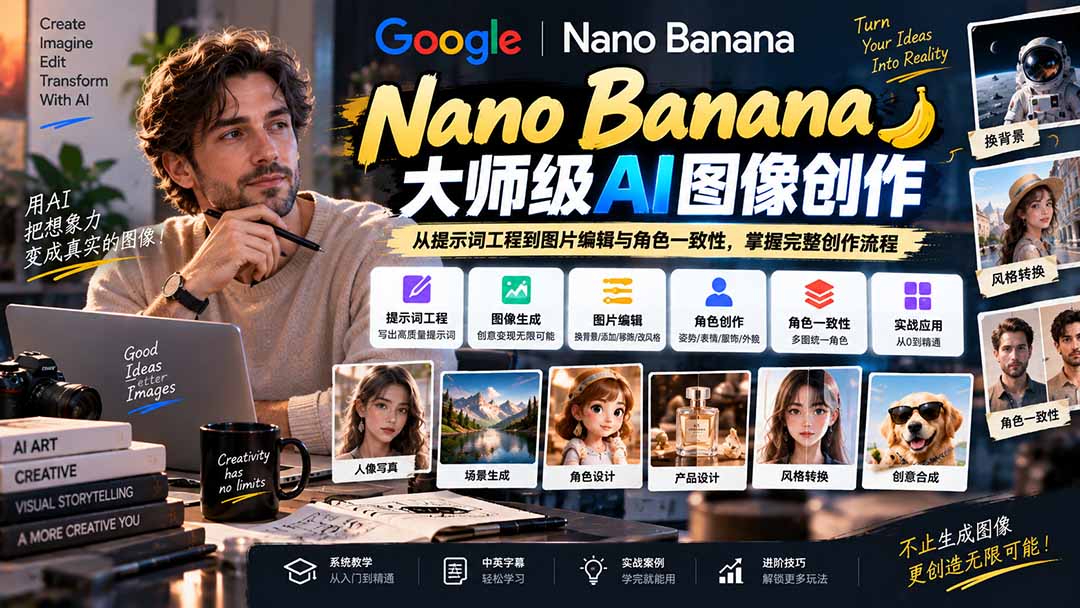 【无水印】Nano Banana大师级AI图像实战课:从提示词工程到图片编辑与角色一致性,掌握完整创作流程-优优云创网