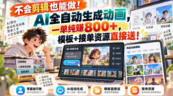 20260924160735622-0f7a0e088c0262119441f8601c3a719a 不会剪辑也能做!AI全自动生成动画,一单纯賺800+,模板+接单资源直接送!【揭秘】