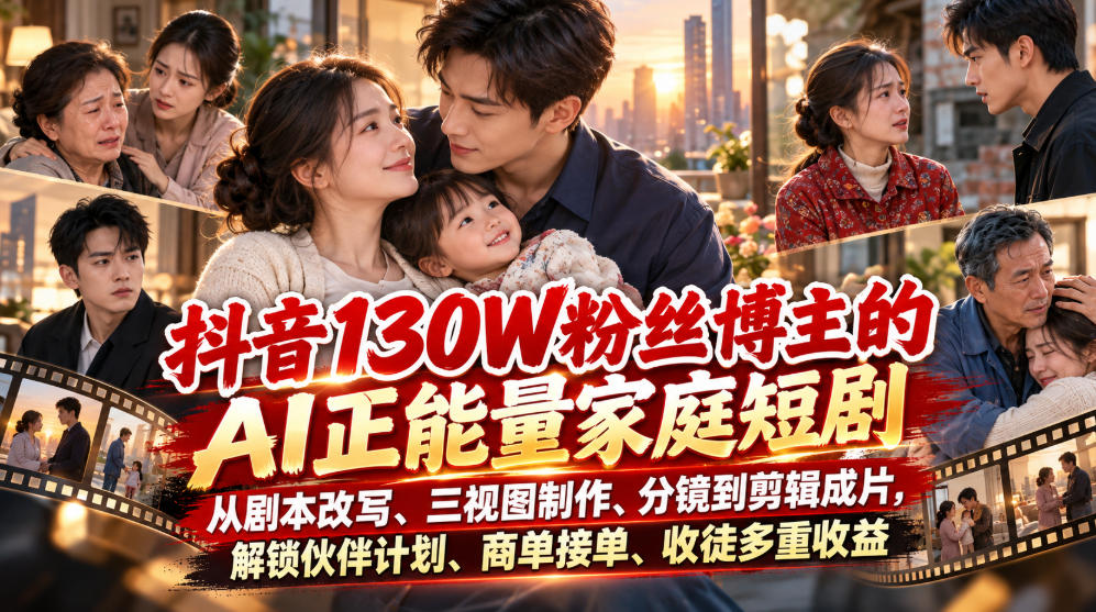 抖音130W粉丝博主的AI正能量家庭短剧,从剧本改写、三视图制作、分镜到剪辑成片,解锁伙伴计划、商单接单、收徒多重收益-优优云创网