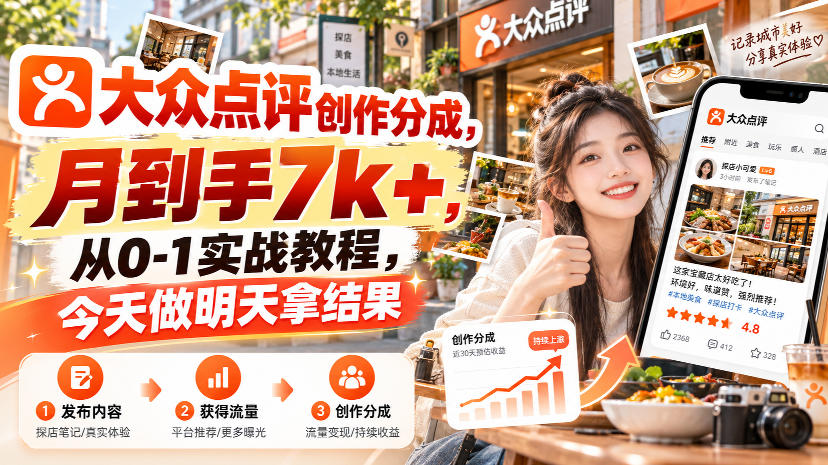 大众点评创作分成,月到手7k+,从0-1实战教程,今天做明天拿结果-优优云创网