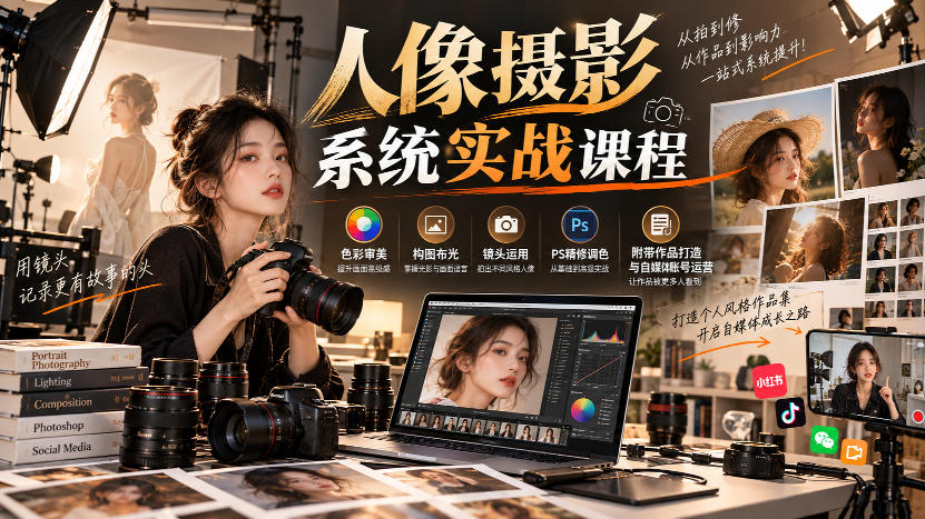 【无水印】人像摄影系统实战课程,色彩审美、构图布光、镜头运用、PS精修调色,附带作品打造与自媒体账号运营-优优云创网
