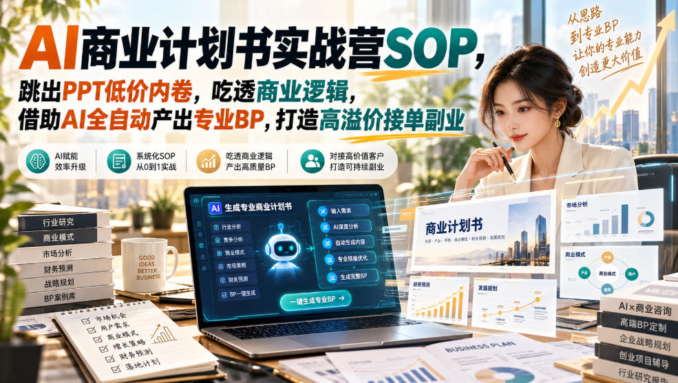 AI商业计划书实战营SOP,跳出PPT低价内卷,吃透商业逻辑,借助AI全自动产出专业BP,打造高溢价接单副业-优优云创网