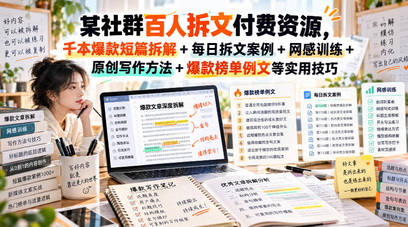 某社群百人拆文付费资源,千本爆款短篇拆解+每日拆文案例+网感训练+原创写作方法+爆款榜单例文等实用技巧(持续更新)-优优云创网