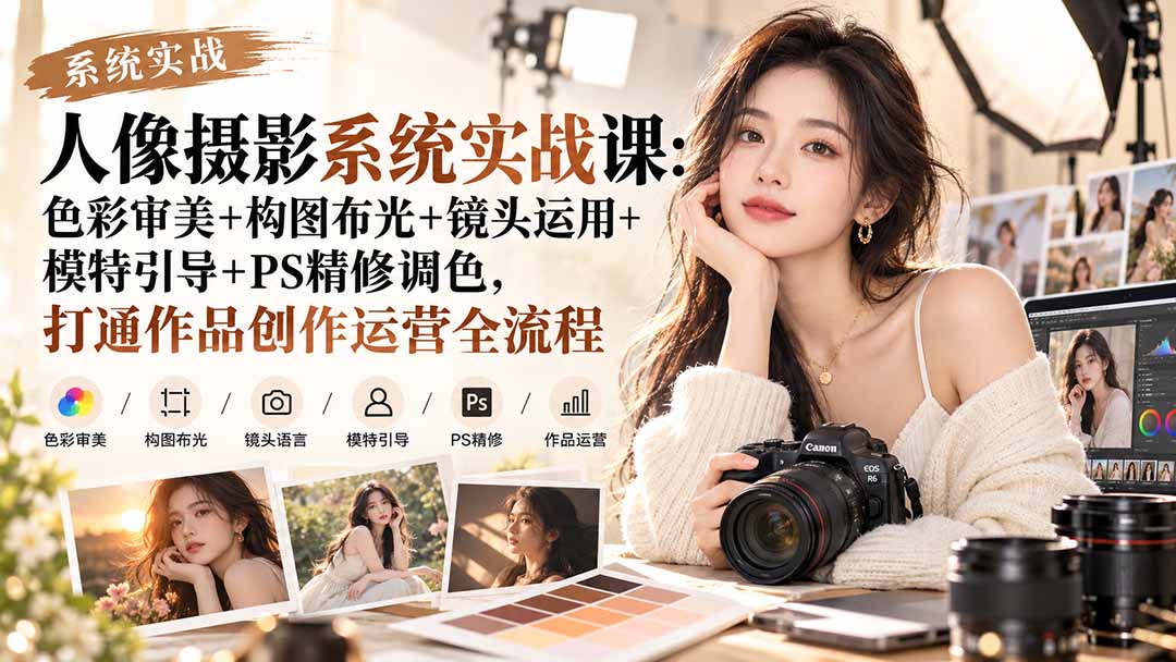 【无水印】人像摄影系统实战课：色彩审美+构图布光+镜头运用+模特引导+PS精修调色，打通作品创作运营全流程-优优云创网