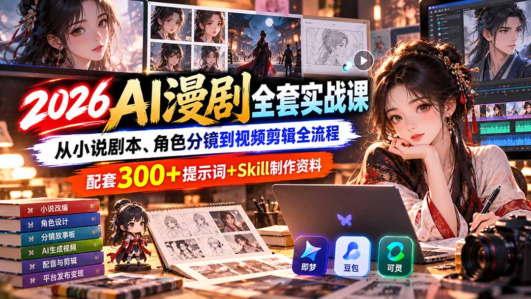 【无水印】2026AI漫剧全套实战课：从小说剧本、角色分镜到视频剪辑全流程，配套300+提示词+Skill制作资料-优优云创网