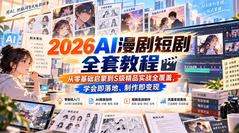 2026AI漫剧短剧全套教程,从零基础启蒙到S级精品实战全覆盖,学会即落地、制作即变现-优优云创网