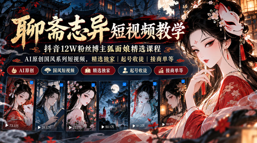 聊斋志异短视频教学,抖音12W粉丝博主狐面娘精选课程,AI原创国风系列短视频,精选独家丨起号收徒丨接商单等-优优云创网