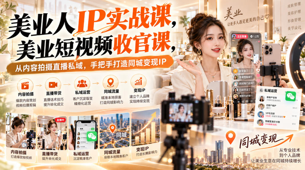 【无水印】美业人IP实战课，美业短视频收官课，从内容拍摄直播私域，手把手打造同城变现IP-优优云创网