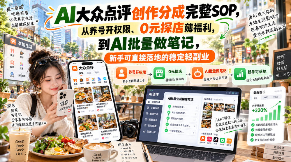 【无水印】AI大众点评创作分成完整SOP，从养号开权限、0元探店薅福利，到AI批量做笔记，新手可直接落地的稳定轻副业-优优云创网