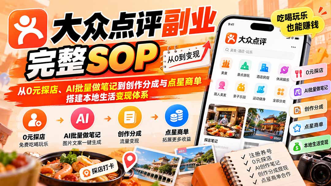 【无水印】大众点评副业完整SOP：从0元探店、AI批量做笔记到创作分成与点星商单，搭建本地生活变现体系-优优云创网