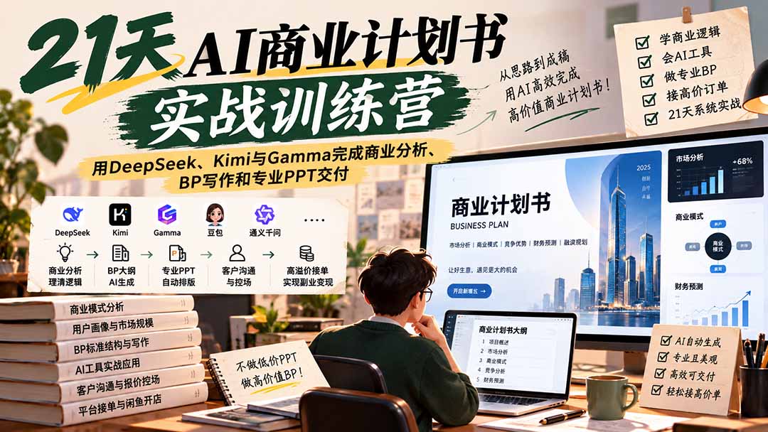 【无水印】21天AI商业计划书实战训练营：用DeepSeek、Kimi与Gamma完成商业分析、BP写作和专业PPT交付-优优云创网