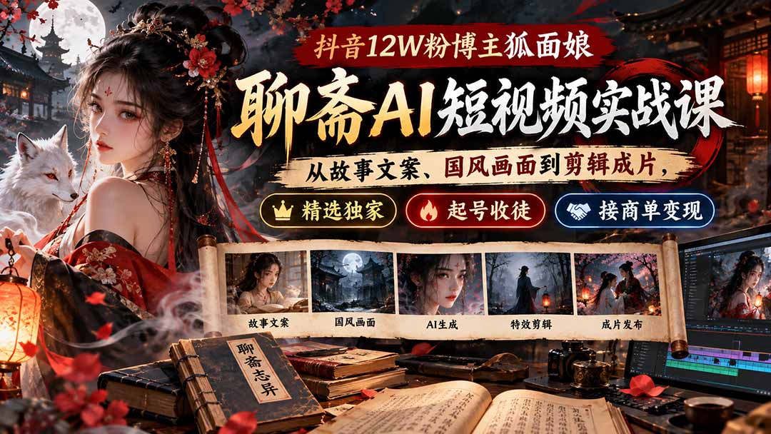 抖音12W粉博主狐面娘-聊斋AI短视频实战课：从故事文案、国风画面到剪辑成片，精选独家+起号收徒+接商单变现-优优云创网
