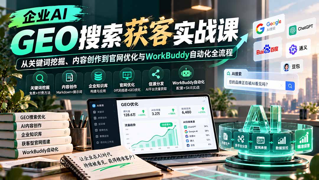 企业AI GEO搜索获客实战课：从关键词挖掘、内容创作到官网优化与WorkBuddy自动化全流程-优优云创网