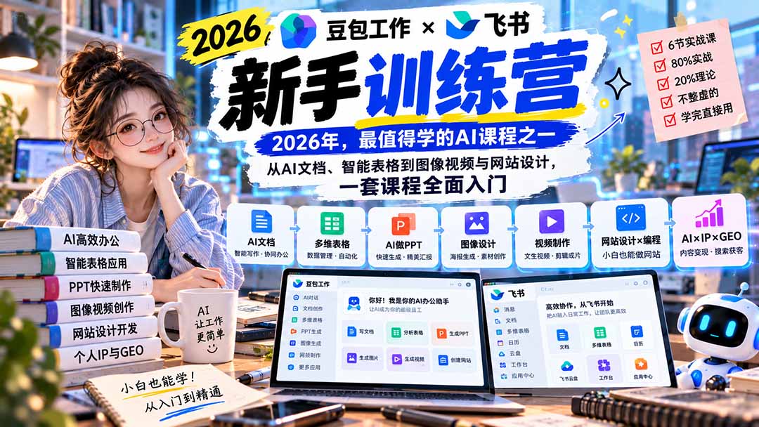 2026豆包工作+飞书新手训练营-9月新课：从AI文档、智能表格到图像视频与网站设计，一套课程全面入门-优优云创网