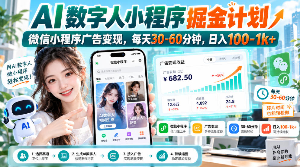 20260925201337472-4702abe896c30fb50b389c96dc996bba 【无水印】AI数字人小程序掘金计划,微信小程序广告变现,每天30‑60分钟,日入100‑1k+
