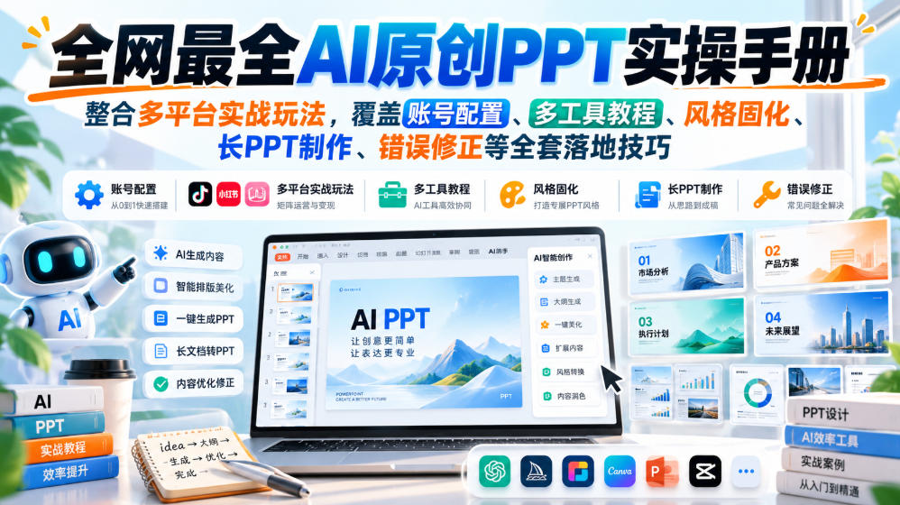 20260925201435410-efb76809c95648ec06970652183ab599 全网最全AI原创PPT实操手册,整合多平台实战玩法,覆盖账号配置、多工具教程、风格固化、长PPT制作、错误修正等全套落地技巧