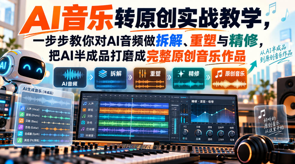AI音乐转原创实战教学，一步步教你对AI音频做拆解、重塑与精修，把AI半成品打磨成完整原创音乐作品-优优云创网