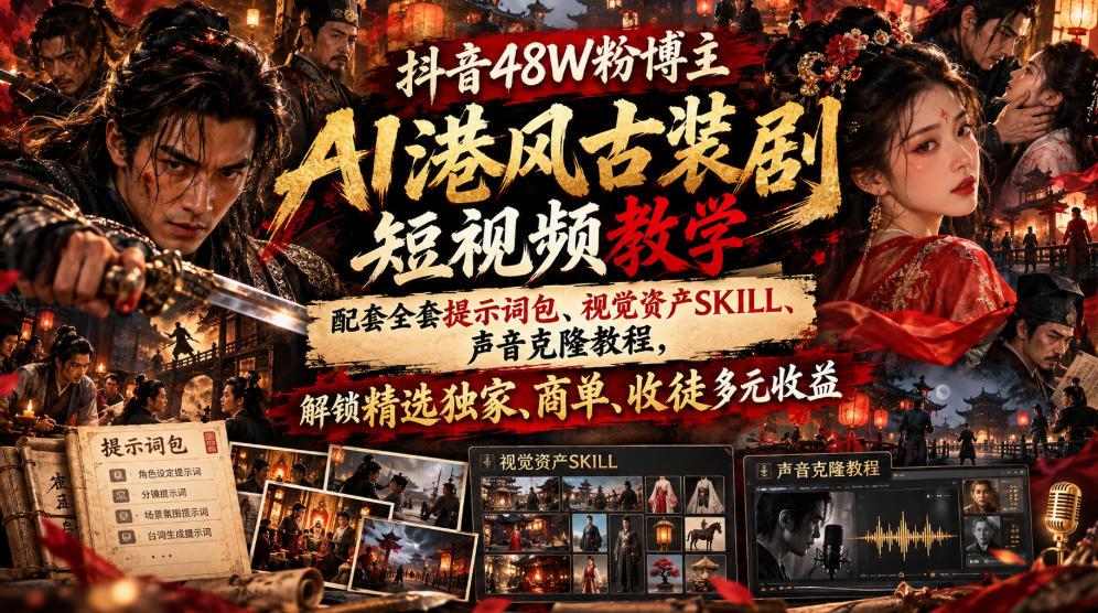 20260925201636167-1afbdbc3df4595cdc90de8c737f6f3b6 抖音48W粉博主AI港风古装剧短视频教学,配套全套提示词包、视觉资产SKILL、声音克隆教程,解锁精选独家、商单、收徒多元收益