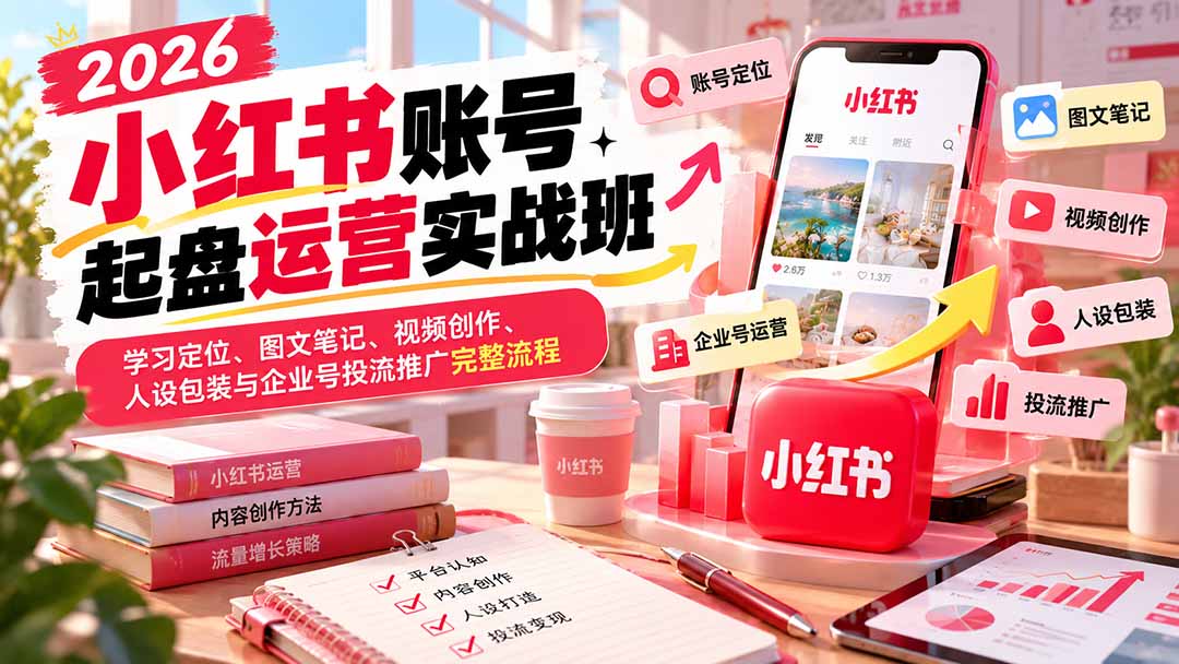 2026小红书账号起盘运营实战班：学习定位、图文笔记、视频创作、人设包装与企业号投流推广完整流程-优优云创网
