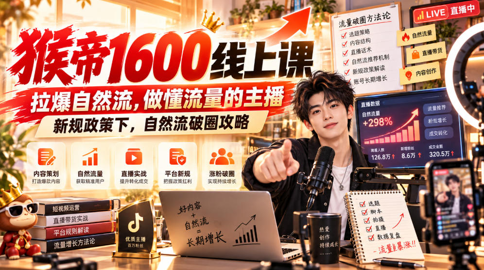 猴帝1600线上课，拉爆自然流，做懂流量的主播，新规政策下，自然流破圈攻略【更新260926】-优优云创网