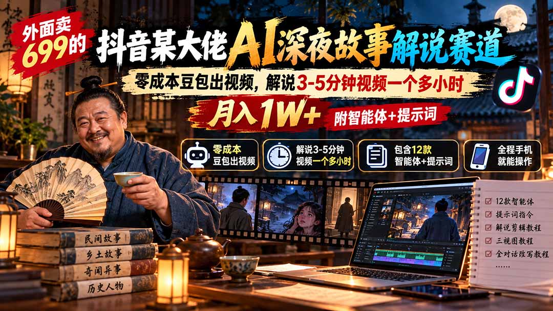 外面卖699的抖音某大佬AI深夜故事解说赛道：零成本豆包出视频，解说3-5分钟视频一个多小时，月入1W+附智能体+提示词-优优云创网