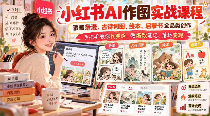20260926122257514-6ef4ad531a89c088688ec3918b6dbbf9 小红书AI作图实战课程,覆盖条漫、古诗词图、绘本、启蒙书全品类创作,手把手教你找赛道、做爆款笔记、落地变现