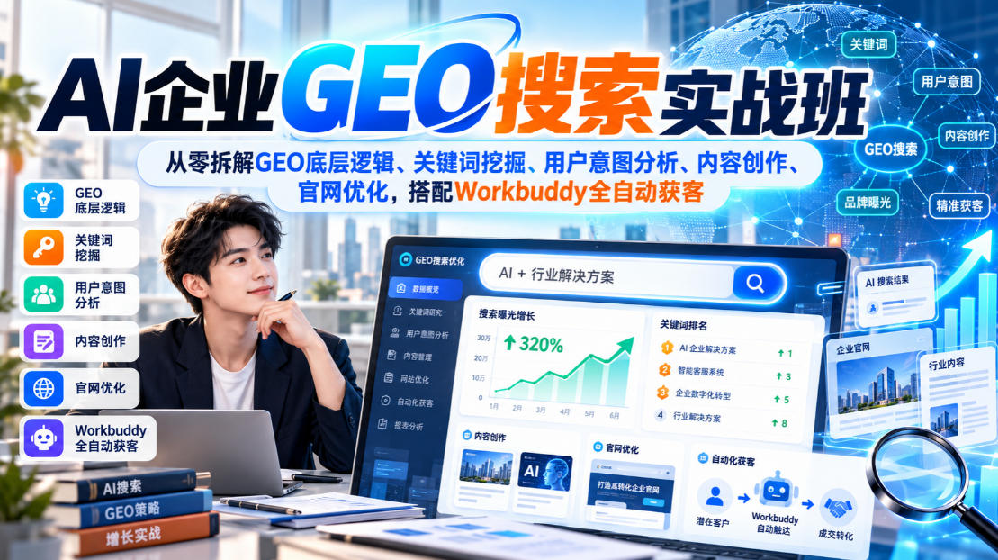 AI企业GEO搜索实战班，从零拆解GEO底层逻辑、关键词挖掘、用户意图分析、内容创作、官网优化，搭配Workbuddy全自动获客-优优云创网