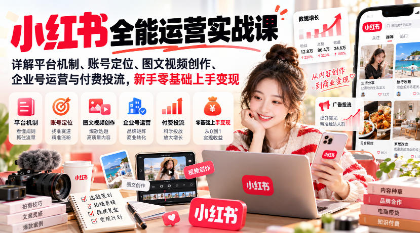 小红书全能运营实战课，详解平台机制、账号定位、图文视频创作、企业号运营与付费投流，新手零基础上手变现-优优云创网