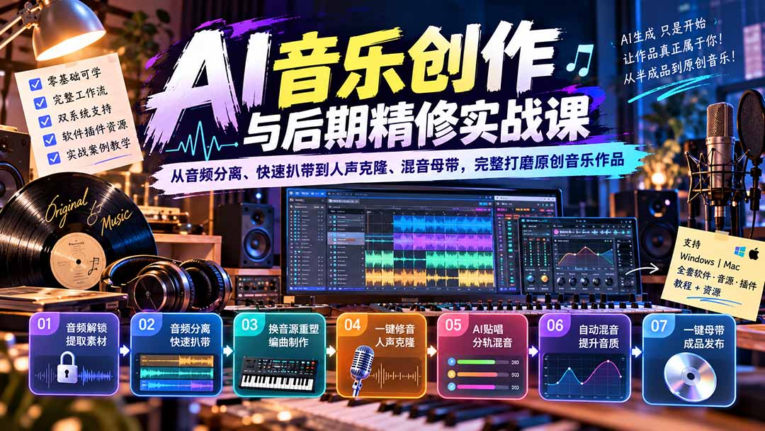AI音乐创作与后期精修实战课:从音频分离、快速扒带到人声克隆、混音母带,完整打磨原创音乐作品-优优云创网