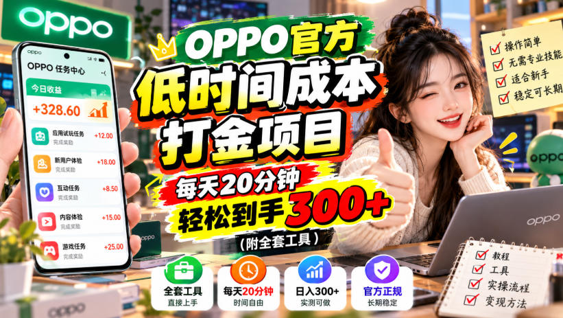 OPPO官方低时间成本打金项目，每天20分钟，轻松到手300+(附全套工具)【揭秘】-优优云创网