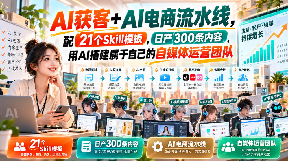 AI获客+AI电商流水线,配21个Skill模板,日产300条内容,用AI搭建属于自己的自媒体运营团队-优优云创网