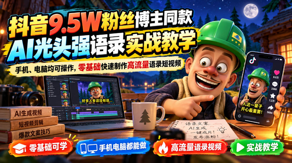 抖音9.5W粉丝博主同款AI光头强语录实战教学,手机、电脑均可操作,零基础快速制作高流量语录短视频-优优云创网