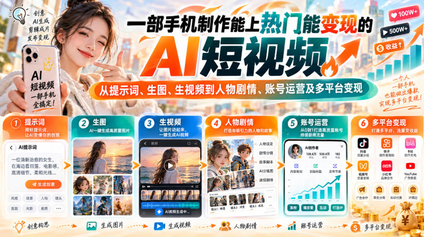 【无水印】一部手机制作能上热门能变现的AI短视频,从提示词、生图、生视频到人物剧情、账号运营及多平台变现-优优云创网