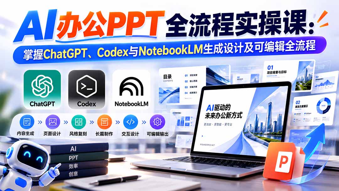 【无水印】AI办公PPT全流程实操课： 掌握ChatGPT、Codex与NotebookLM生成设计及可编辑全流程-优优云创网