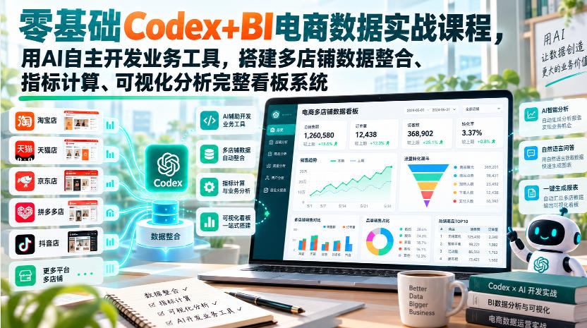 零基础Codex+BI电商数据实战课程，用AI自主开发业务工具，搭建多店铺数据整合、指标计算、可视化分析完整看板系统-优优云创网