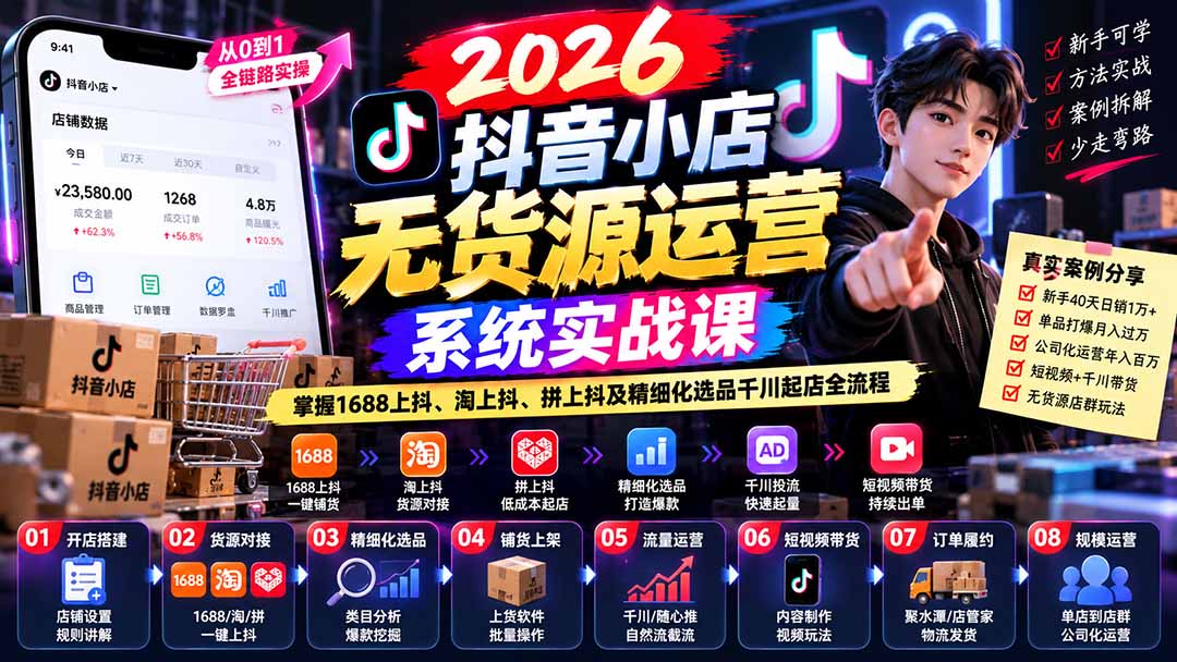 【无水印】2026抖音小店无货源运营系统实战课：掌握1688上抖、淘上抖、拼上抖及精细化选品千川起店全流程-优优云创网