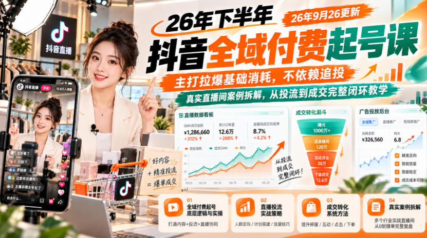 26年下半年抖音全域付费起号课26年9月26更新,主打拉爆基础消耗,不依赖追投,真实直播间案例拆解,从投流到成交完整闭环教学-优优云创网