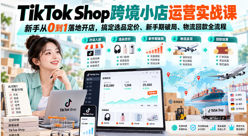 TikTok Shop跨境小店运营实战课，新手从0到1落地开店，搞定选品定价、新手期破局、物流回款全流程-优优云创网