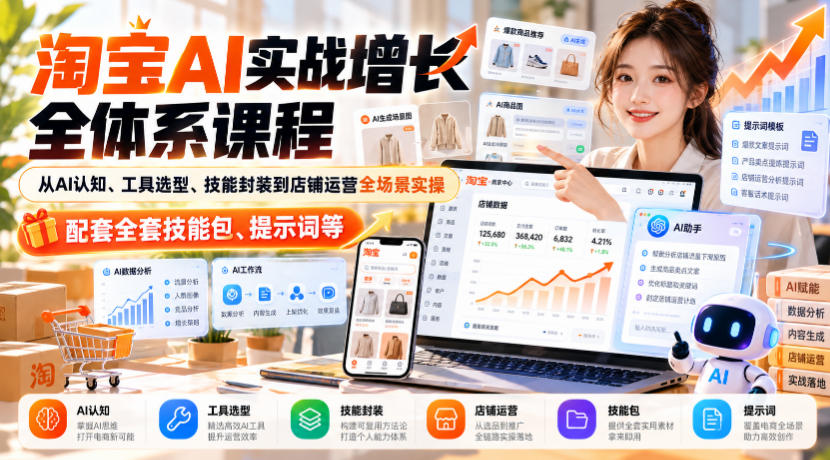 淘宝AI实战增长全体系课程，从AI认知、工具选型、技能封装到店铺运营全场景实操，配套全套技能包、提示词等-优优云创网