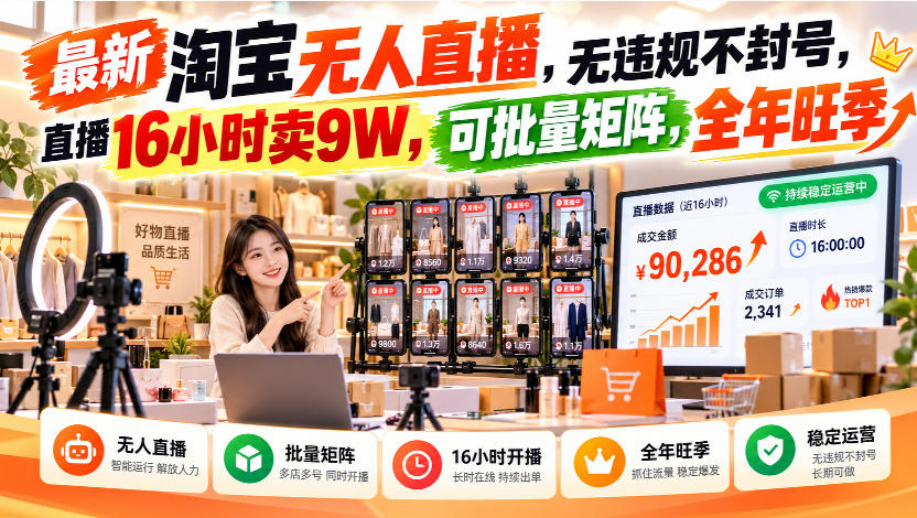 最新淘宝无人直播，无违规不封号，直播16小时卖9W，可批量矩阵，全年旺季【揭秘】-优优云创网