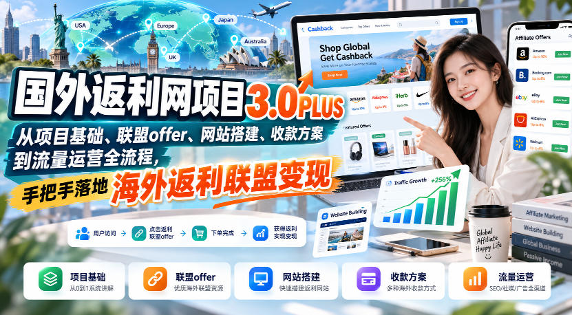 国外返利网项目3.0PLUS，从项目基础、联盟offer、网站搭建、收款方案到流量运营全流程，手把手落地海外返利联盟变现-优优云创网