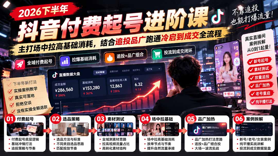 2026下半年抖音付费起号进阶课：主打场中拉高基础消耗，结合追投品广跑通冷启到成交全流程-优优云创网