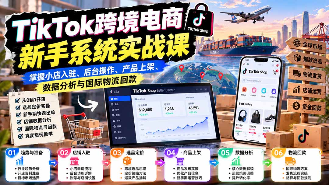 TikTok跨境电商新手系统实战课：掌握小店入驻、后台操作、产品上架、数据分析与国际物流回款-优优云创网
